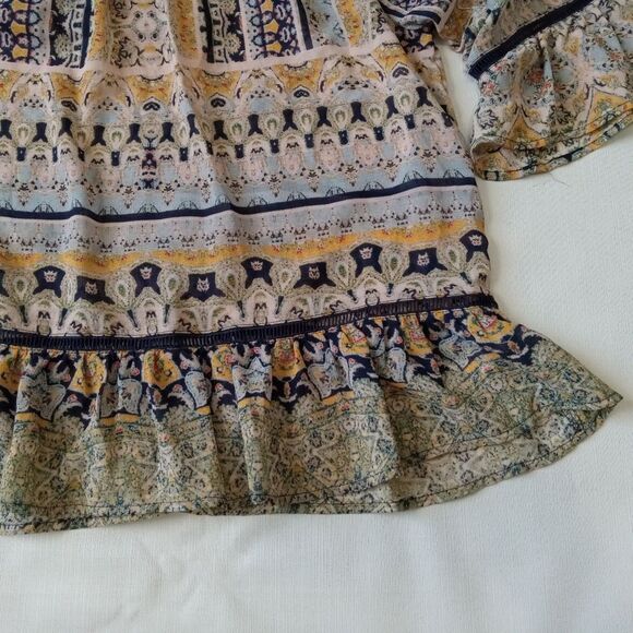 Democracy Bohemian Multicolored Ruffled Bell Sleeve Peasant Blouse Women's Small - Picture 12 of 12